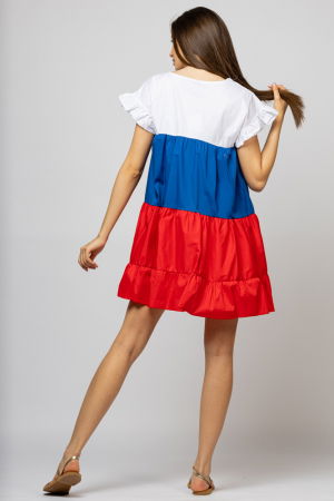 Rochie din poplin de bumbac cu trei volane colorate rosu-albastru-alb [3]