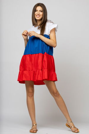 Rochie din poplin de bumbac cu trei volane colorate rosu-albastru-alb [2]
