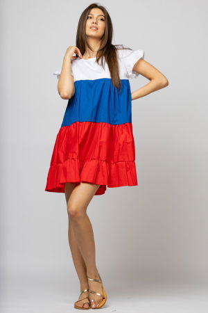 Rochie din poplin de bumbac cu trei volane colorate rosu-albastru-alb [1]