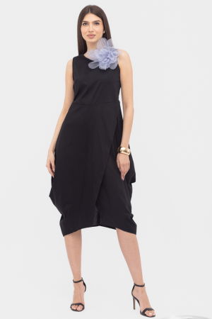 Rochii Elegante & Office - Rochie din poplin de bumbac petrecuta, cu colturi laterale, neagra