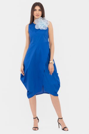 Rochii Elegante & Office - Rochie din poplin de bumbac petrecuta, cu colturi laterale, albastra