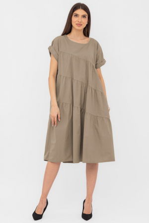 Rochii Casual - Rochie din poplin satinat cu volane oblice, bej inchis