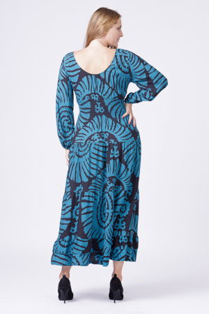 Rochie cu banda elastica in talie si volane, imprimeu turcoaz-negru [6]