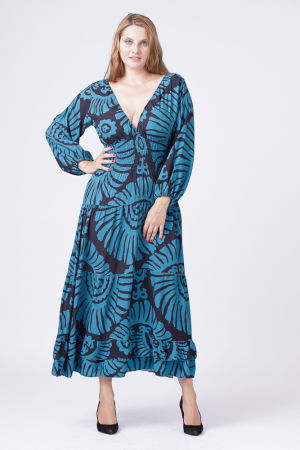 Rochii Casual - Rochie cu banda elastica in talie si volane, imprimeu turcoaz-negru