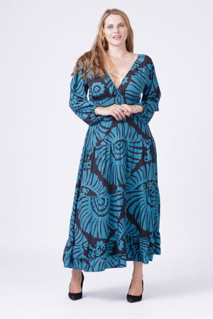 Rochie cu banda elastica in talie si volane, imprimeu turcoaz-negru [4]