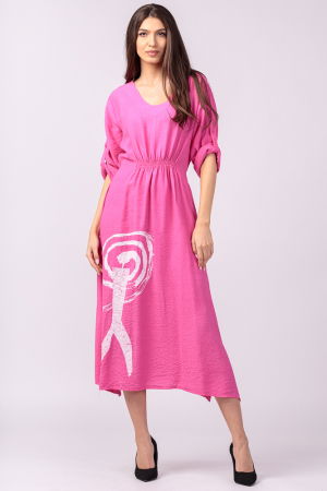 Rochii Casual - Rochie din vascoza fucsia, cu elastic sub bust si imprimeu
