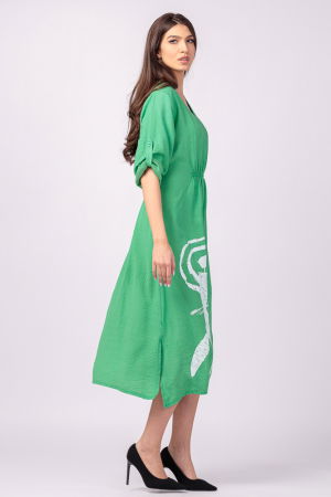 Rochie din vascoza verde, cu elastic sub bust si imprimeu [2]