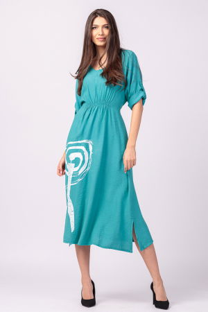 Rochie din vascoza turcoaz, cu elastic sub bust si imprimeu [1]