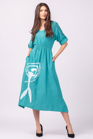 Rochii Casual - Rochie din vascoza turcoaz, cu elastic sub bust si imprimeu