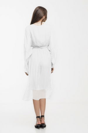 Rochie eleganta din matase si vascoza, petrecuta, cu maneci vaporoase si croiala asimetrica, alba [2]