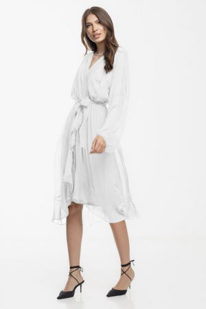 Rochii din Mătase si Vâscoză - Rochie eleganta din matase si vascoza, petrecuta, cu maneci vaporoase si croiala asimetrica, alba