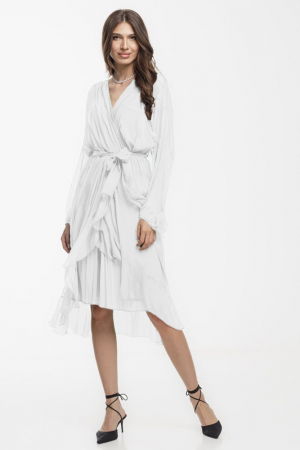 Rochie eleganta din matase si vascoza, petrecuta, cu maneci vaporoase si croiala asimetrica, alba [1]