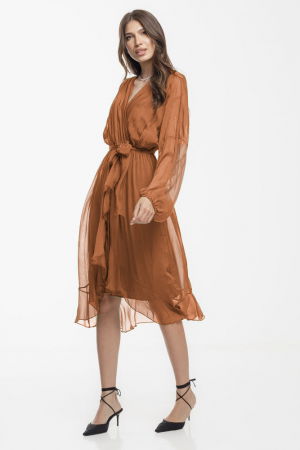 Rochii Elegante & Office - Rochie eleganta din matase si vascoza, petrecuta, cu maneci vaporoase si croiala asimetrica, camel