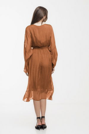 Rochie eleganta din matase si vascoza, petrecuta, cu maneci vaporoase si croiala asimetrica, camel [2]