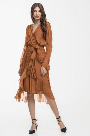 Rochie eleganta din matase si vascoza, petrecuta, cu maneci vaporoase si croiala asimetrica, camel [1]