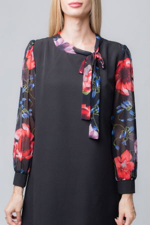 Rochie eleganta, neagra, midi, cu maneci si guleras din voal inflorat [2]