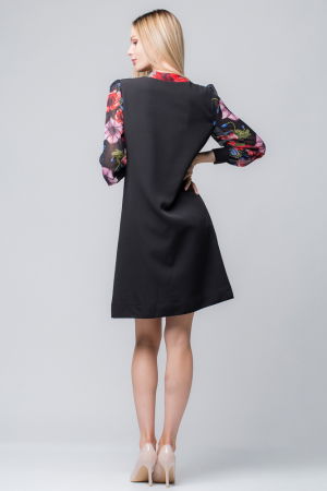 Rochie eleganta, neagra, midi, cu maneci si guleras din voal inflorat [1]