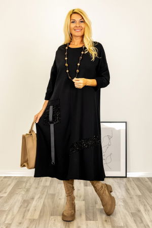 Rochii Elegante & Office - Rochie neagra casual-chic cu aplicatii paiete si croi lejer din tricot de bumbac gros