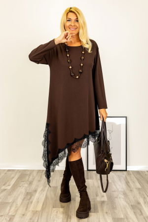 Rochii - Rochie asimetrica, in colt, maro cu dantela neagra