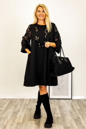 NOUTATI - Rochie neagra eleganta cu maneci din tull brodat