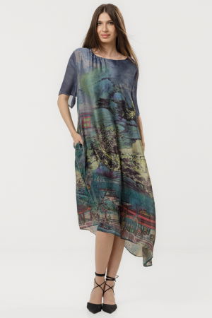 Rochie turcoaz eleganta satinata A-line cu croiala lejera si imprimeu pictural [1]