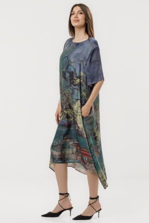 Rochie turcoaz eleganta satinata A-line cu croiala lejera si imprimeu pictural [2]