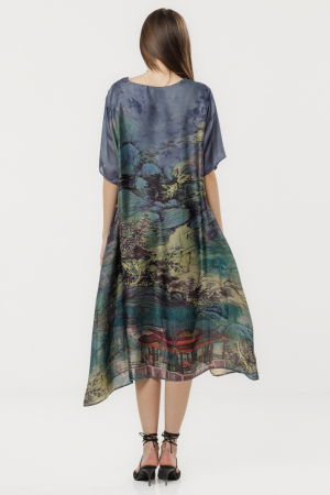 Rochie turcoaz eleganta satinata A-line cu croiala lejera si imprimeu pictural [3]