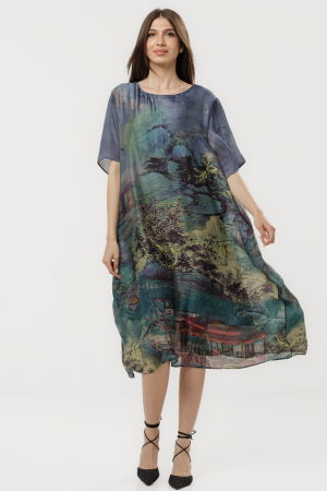 Rochii Elegante & Office - Rochie turcoaz eleganta satinata A-line cu croiala lejera si imprimeu pictural