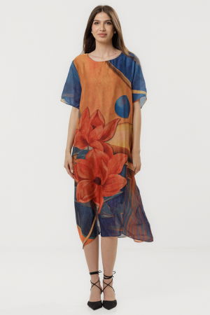 Rochii Elegante & Office - Rochie eleganta satinata A-line cu croiala lejera si imprimeu floral in tonuri de oranj-albastru-rosu