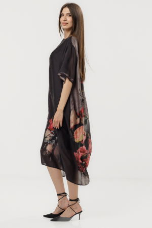 Rochie neagra eleganta satinata A-line cu croiala lejera si imprimeu trandafiri stilizati [2]