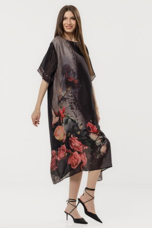 Rochie neagra eleganta satinata A-line cu croiala lejera si imprimeu trandafiri stilizati [1]