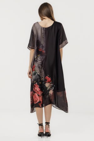 Rochie neagra eleganta satinata A-line cu croiala lejera si imprimeu trandafiri stilizati [3]
