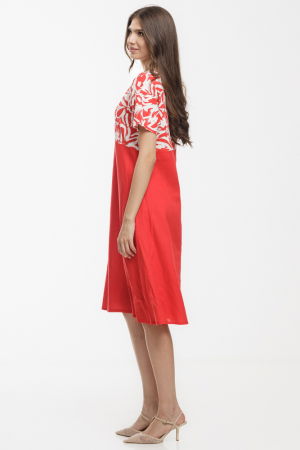 Rochie Eva A line, din in mercerizat, rosie cu platca imprimata [2]