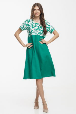 Rochii din In - Rochie Eva A line, din in mercerizat, verde cu platca imprimata