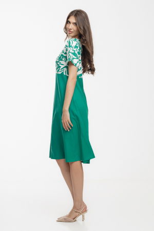 Rochie Eva A line, din in mercerizat, verde cu platca imprimata [2]