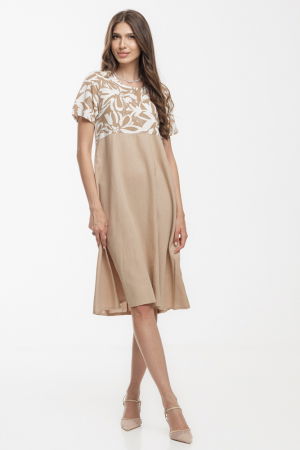 Rochie Eva A line, din in mercerizat, bej cu platca imprimata [1]