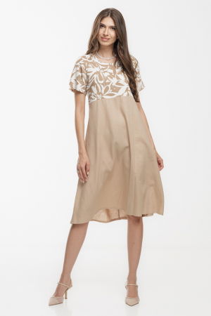 Rochii din In - Rochie Eva A line, din in mercerizat, bej cu platca imprimata