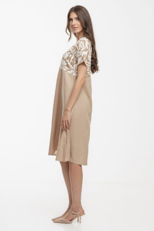 Rochie Eva A line, din in mercerizat, bej cu platca imprimata [2]