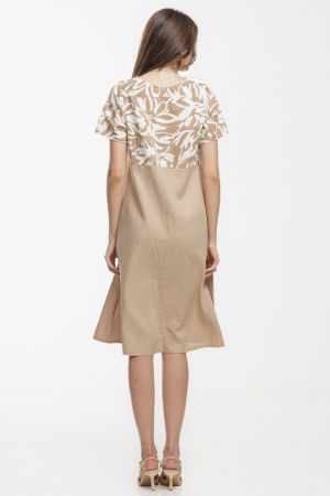 Rochie Eva A line, din in mercerizat, bej cu platca imprimata [3]