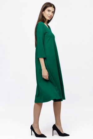 Rochie Eva midi verde A line din tricot de vascoza si decolteu rotund, imprimeu floare la piept [1]