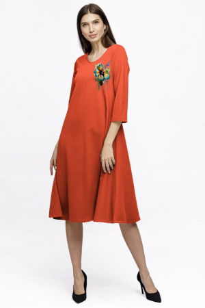 Rochii Elegante & Office - Rochie Eva midi portocaliu A line din tricot de vascoza si decolteu rotund, imprimeu floare la piept