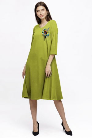 Rochii Elegante & Office - Rochie Eva midi verde oliv A line din tricot de vascoza si decolteu rotund, imprimeu floare la piept