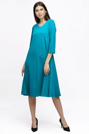 Rochii Elegante & Office - Rochie Eva midi turcoaz A line din tricot de vascoza si decolteu rotund