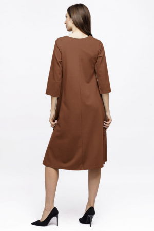 Rochie Eva midi maro ciocolata A line din tricot de vascoza si decolteu rotund, imprimeu floare la piept [2]