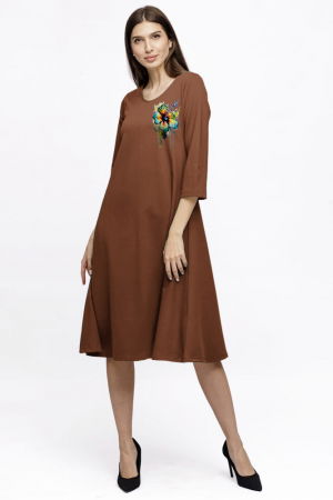 Rochii Elegante & Office - Rochie Eva midi maro ciocolata A line din tricot de vascoza si decolteu rotund, imprimeu floare la piept