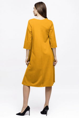 Rochie Eva midi maro ciocolata A line din tricot de vascoza si decolteu rotund, imprimeu floare la piept [5]