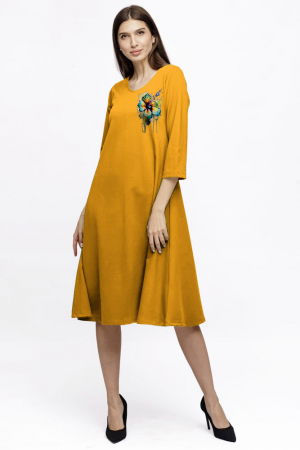 Rochii Elegante & Office - Rochie Eva midi galben  mustar A line din tricot de vascoza si decolteu rotund, imprimeu floare la piept