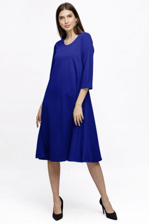 Rochii Elegante & Office - Rochie Eva midi albastra A line din tricot de vascoza si decolteu rotund