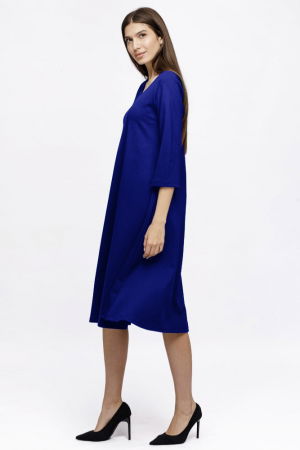 Rochie Eva midi albastra A line din tricot de vascoza si decolteu rotund [2]