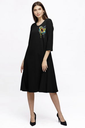 Rochii Elegante & Office - Rochie Eva midi neagra A line din tricot de vascoza si decolteu rotund, imprimeu floare la piept